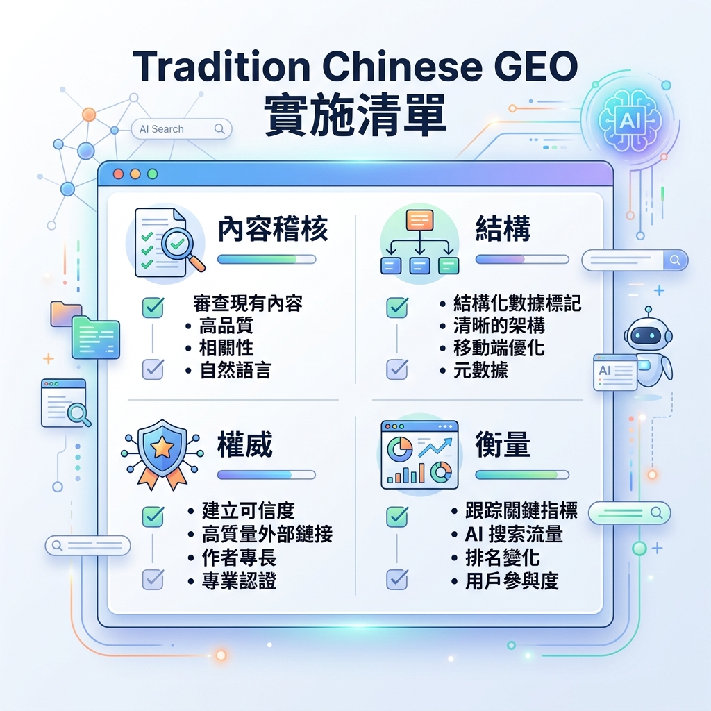 GEO 页面审计工作流，展示目标问题、答案块、证明标签、可解析结构、爬虫访问和技术检查