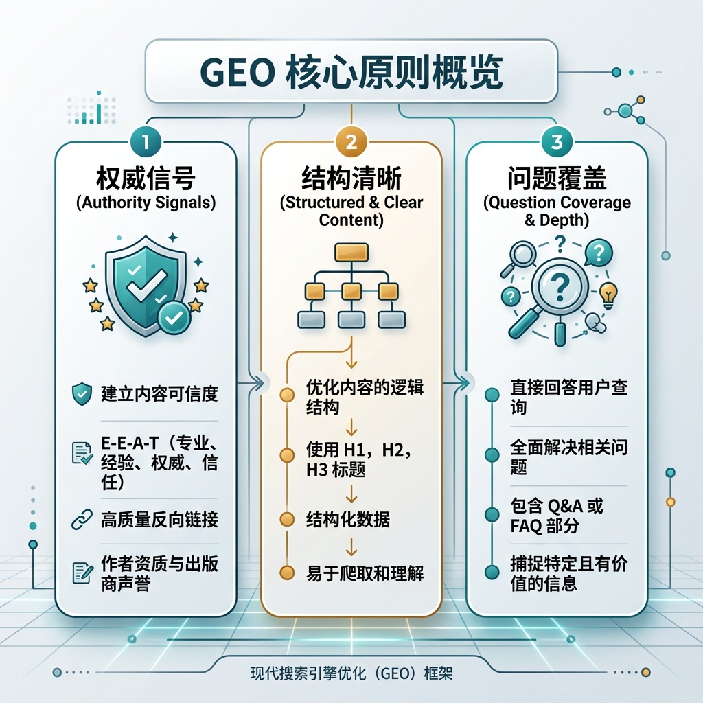 SEO 与 GEO 对比图，展示搜索排名输入、检索、生成式答案和以引用为核心的内容信号