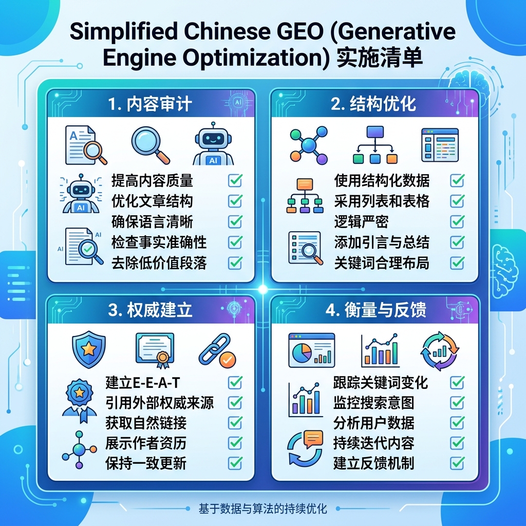 GEO 页面审计工作流，展示目标问题、答案块、证明标签、可解析结构、爬虫访问和技术检查
