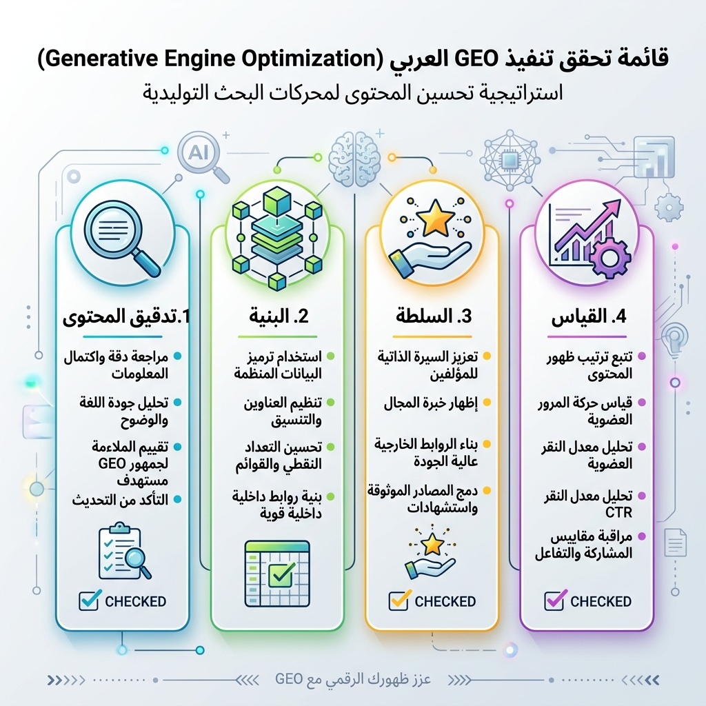 GEO 页面审计工作流，展示目标问题、答案块、证明标签、可解析结构、爬虫访问和技术检查