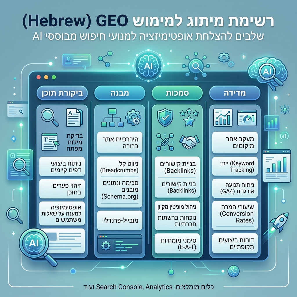 GEO 页面审计工作流，展示目标问题、答案块、证明标签、可解析结构、爬虫访问和技术检查