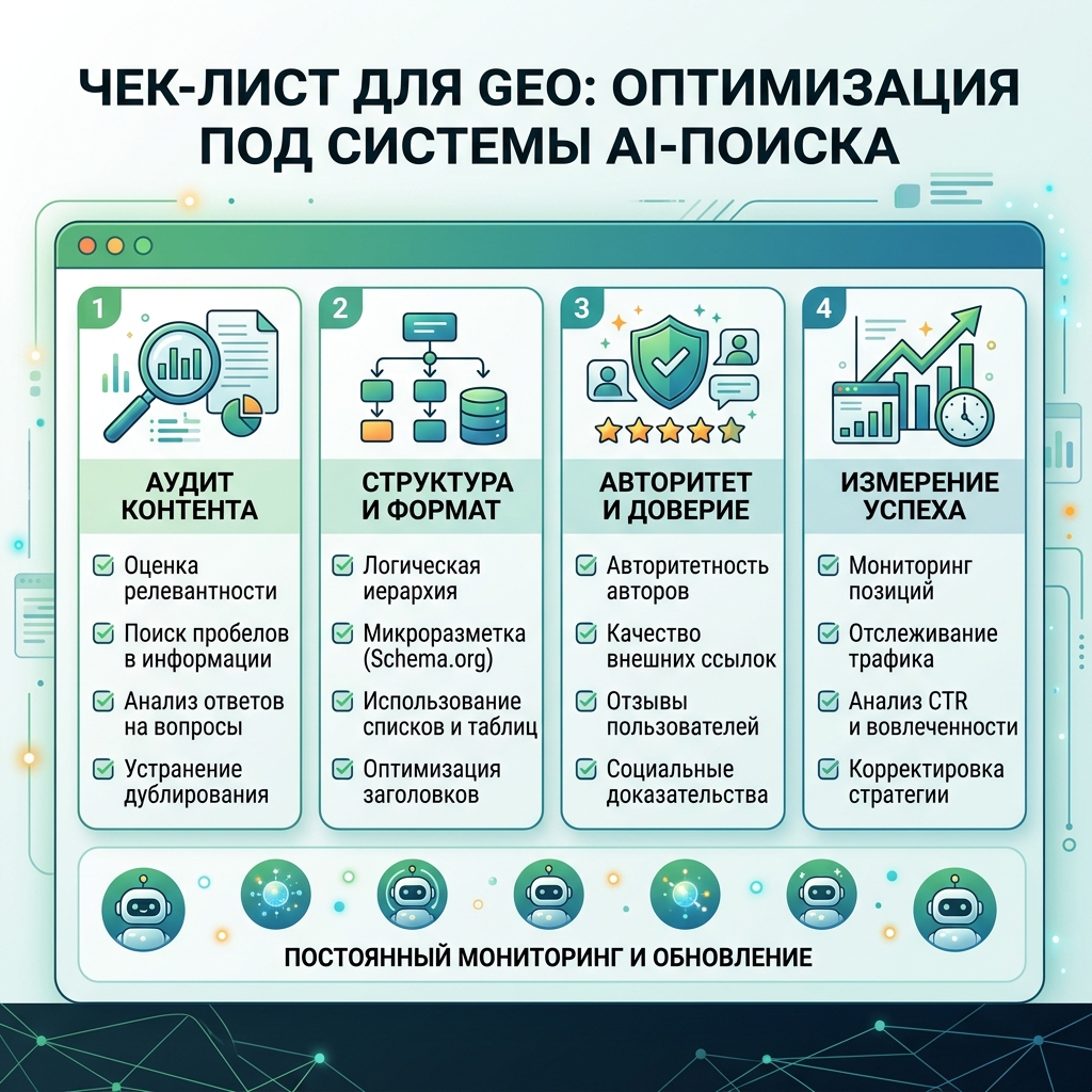 GEO 页面审计工作流，展示目标问题、答案块、证明标签、可解析结构、爬虫访问和技术检查