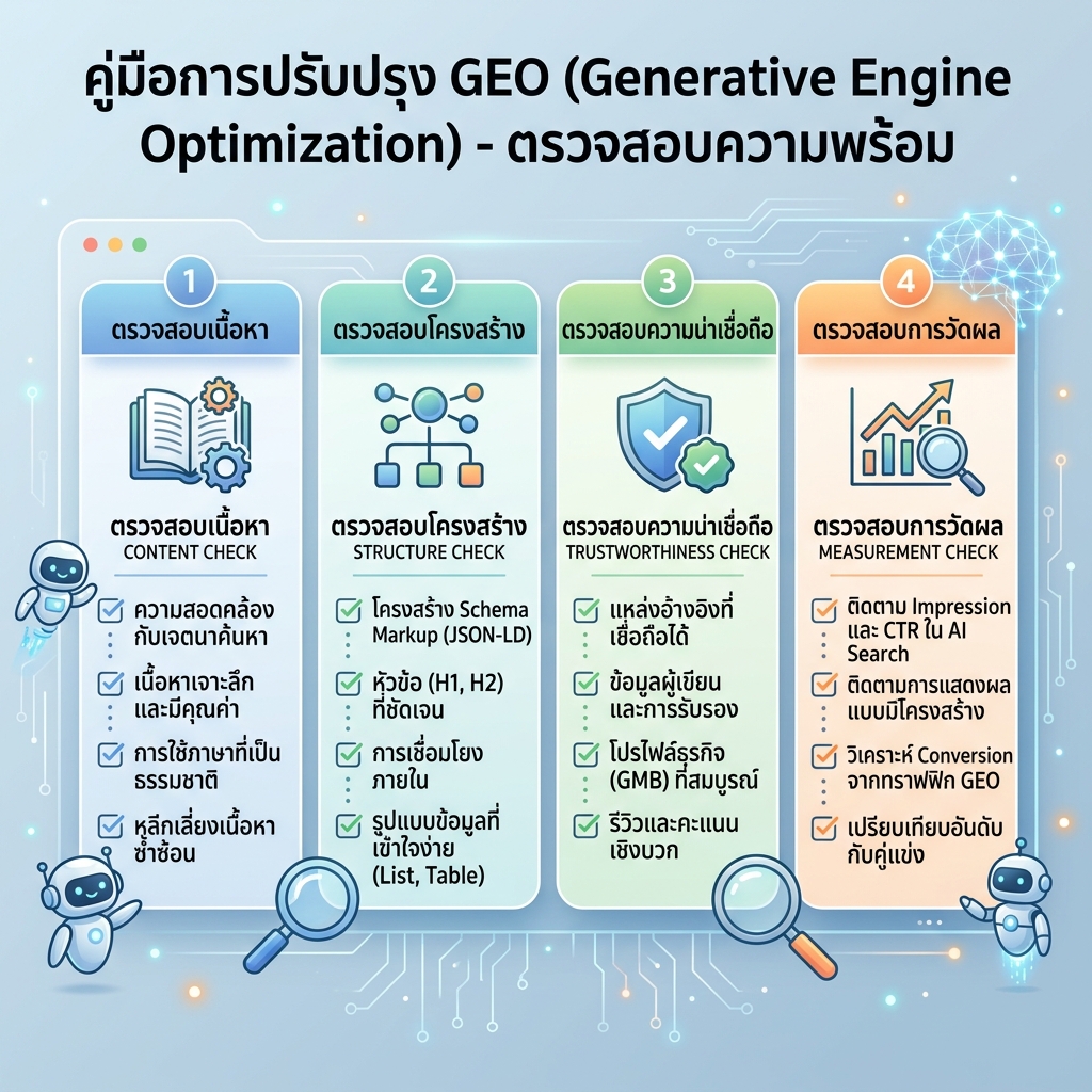 GEO 页面审计工作流，展示目标问题、答案块、证明标签、可解析结构、爬虫访问和技术检查