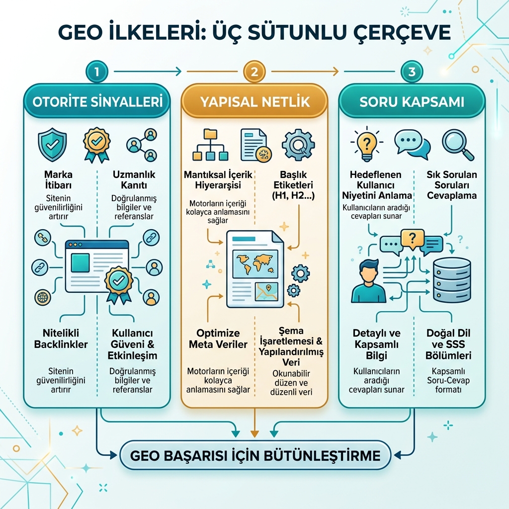 SEO 与 GEO 对比图，展示搜索排名输入、检索、生成式答案和以引用为核心的内容信号