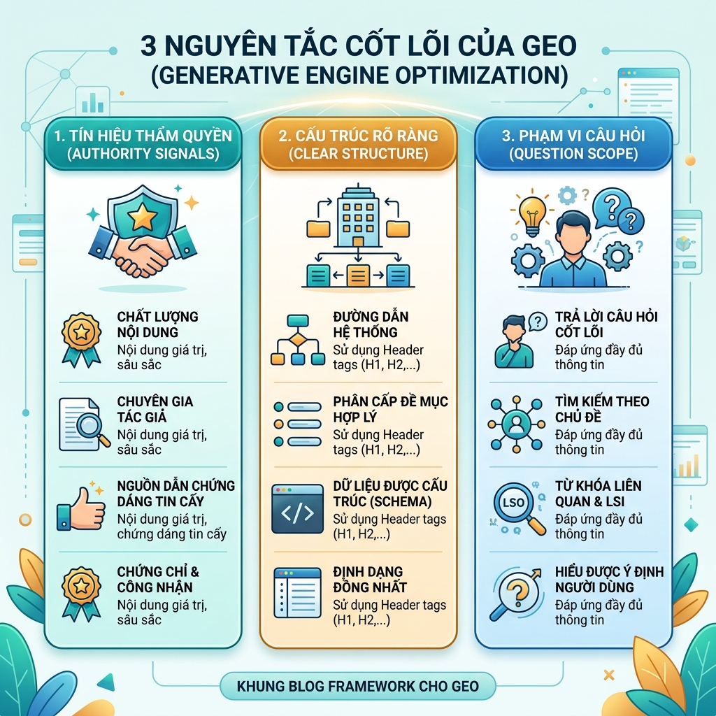 SEO 与 GEO 对比图，展示搜索排名输入、检索、生成式答案和以引用为核心的内容信号