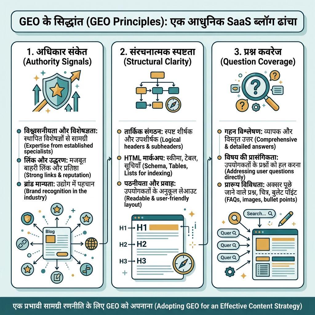 SEO 与 GEO 对比图，展示搜索排名输入、检索、生成式答案和以引用为核心的内容信号