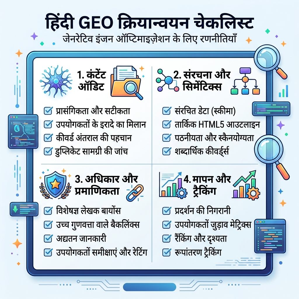 GEO 页面审计工作流，展示目标问题、答案块、证明标签、可解析结构、爬虫访问和技术检查