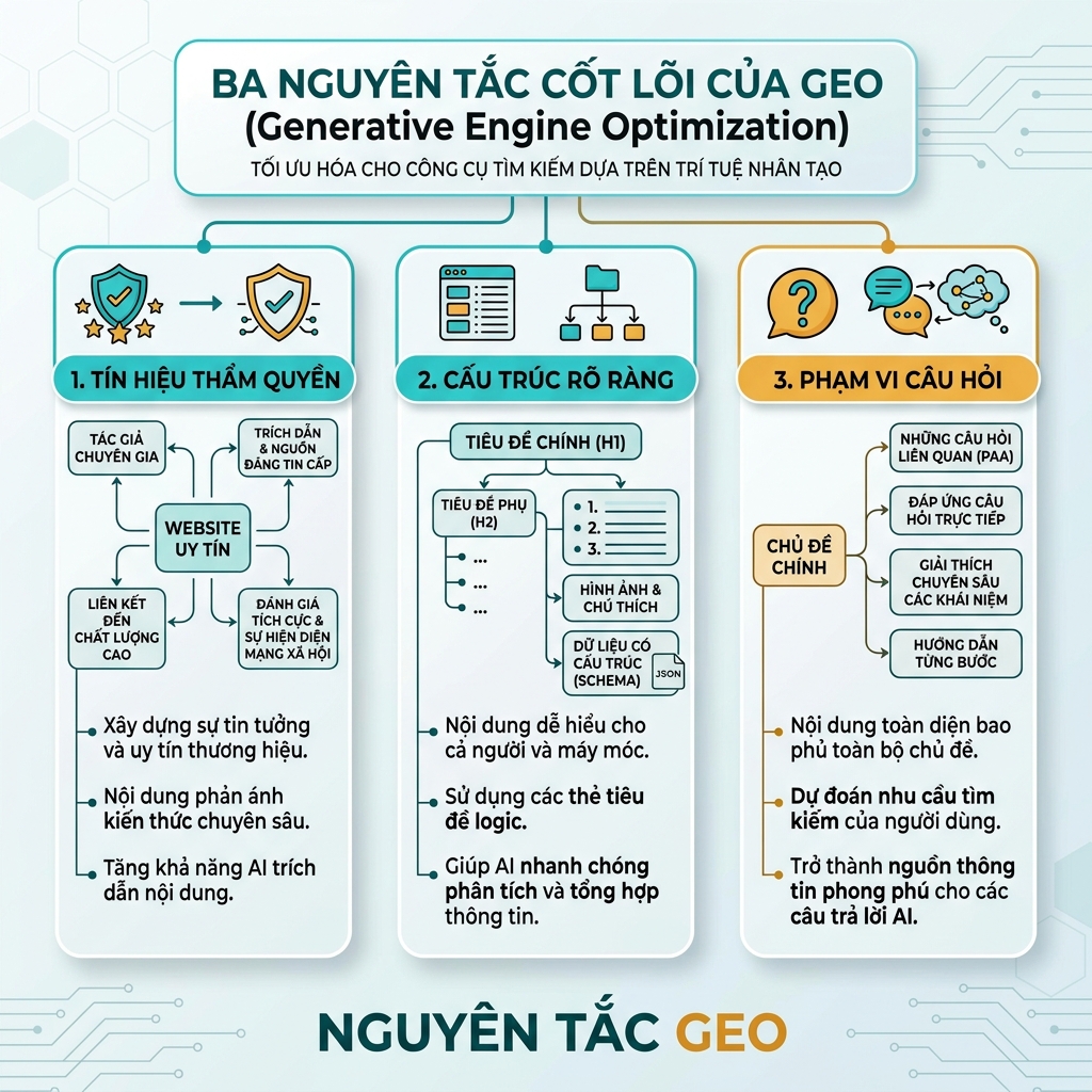 SEO 与 GEO 流程图，展示搜索排名路径和 AI 引用路径