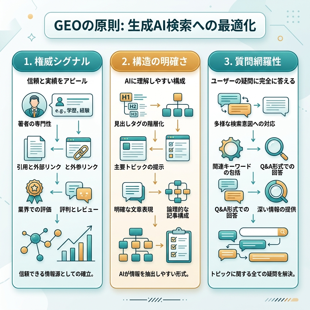 クロール可能な基盤、回答向けコンテンツ、外部証拠、月次AI可視性ループを示す4段階GEOワークフロー