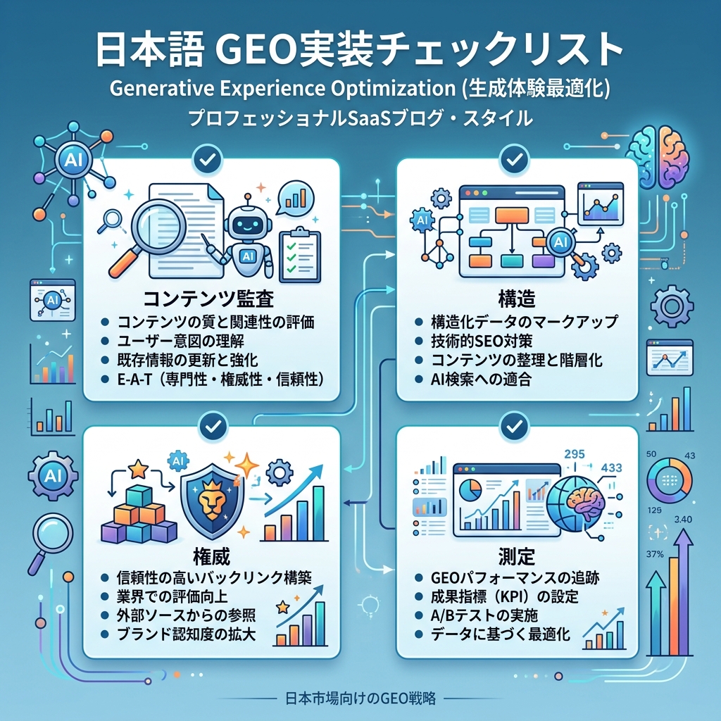promptテスト、引用元、競合言及、月次アクションログを示すGEOダッシュボード