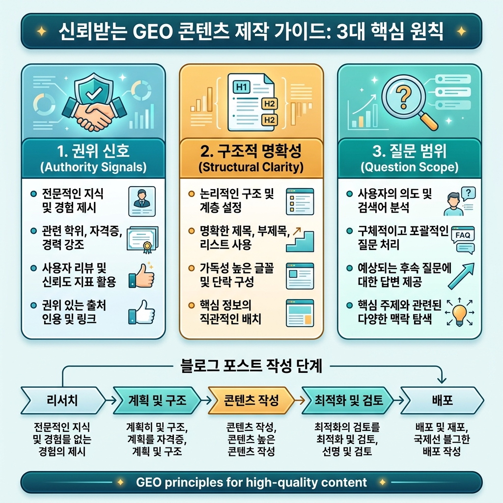 크롤링 가능한 기반, 답변 준비 콘텐츠, 외부 증거, 월간 AI 가시성 루프를 보여주는 4단계 GEO 워크플로