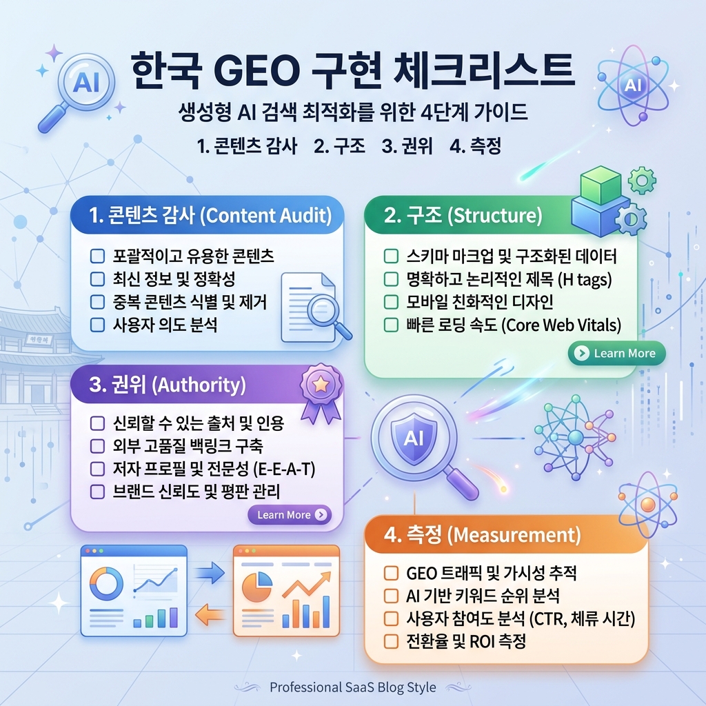 프롬프트 테스트, 인용 출처, 경쟁사 언급, 월간 액션 로그를 보여주는 GEO 실행 대시보드