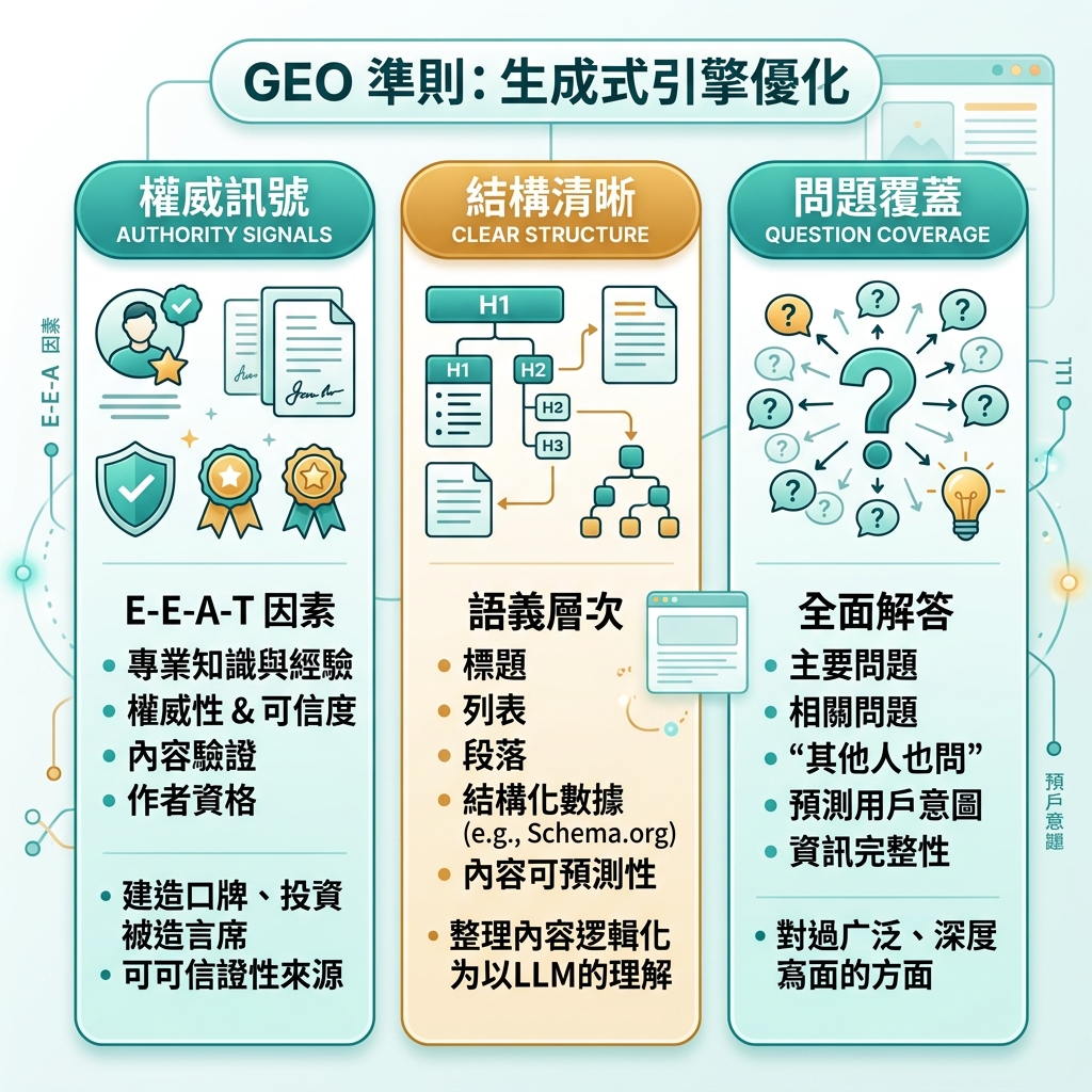 從零到一的四階段 GEO 工作流，展示可抓取基礎、答案就緒內容、外部證明和月度 AI 可見性閉環
