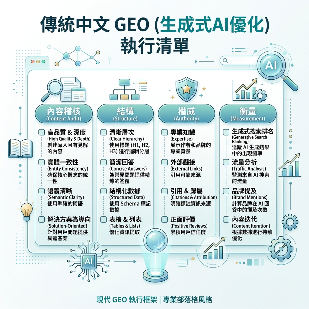 GEO 行動 dashboard，包含 prompt tests、source citations、competitor mentions 和月度 action log