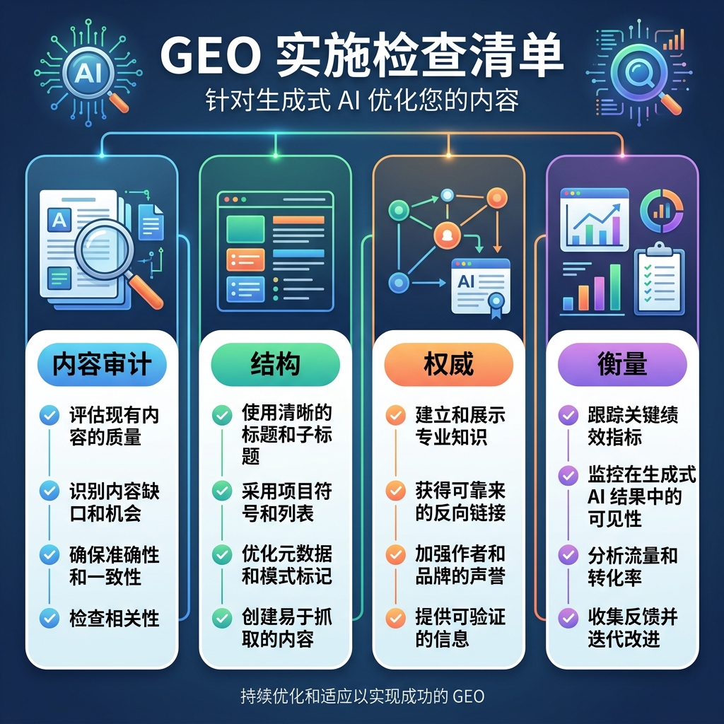 GEO 行动 dashboard，包含 prompt tests、source citations、competitor mentions 和月度 action log