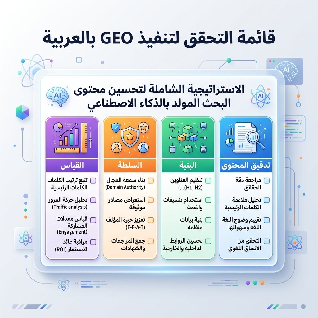 لوحة إجراءات GEO تعرض اختبارات الأسئلة ومصادر الاقتباس وذكر المنافسين وسجل الإجراءات الشهري