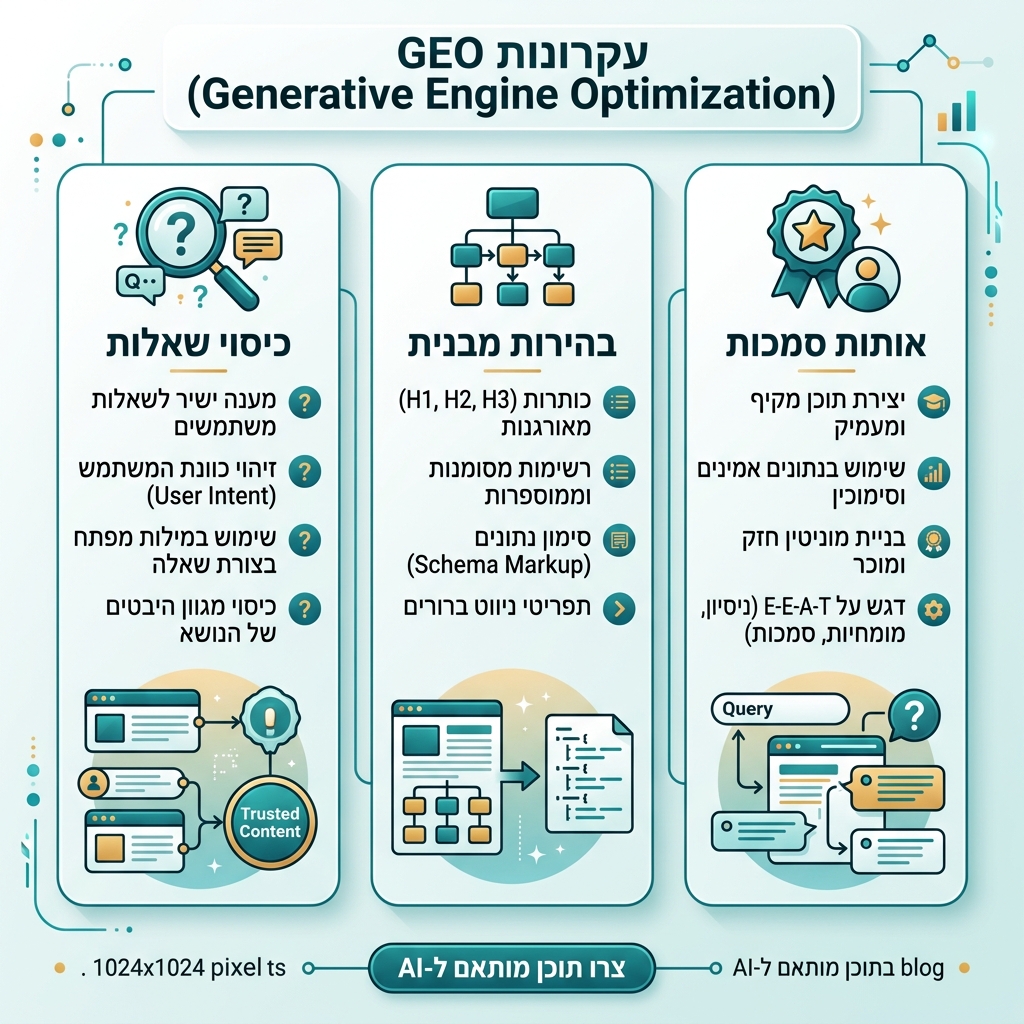 תהליך GEO בארבעה שלבים מאפס לאחד: בסיס שניתן לסריקה, תוכן מוכן לתשובות, הוכחה חיצונית ולולאת נראות חודשית בבינה מלאכותית