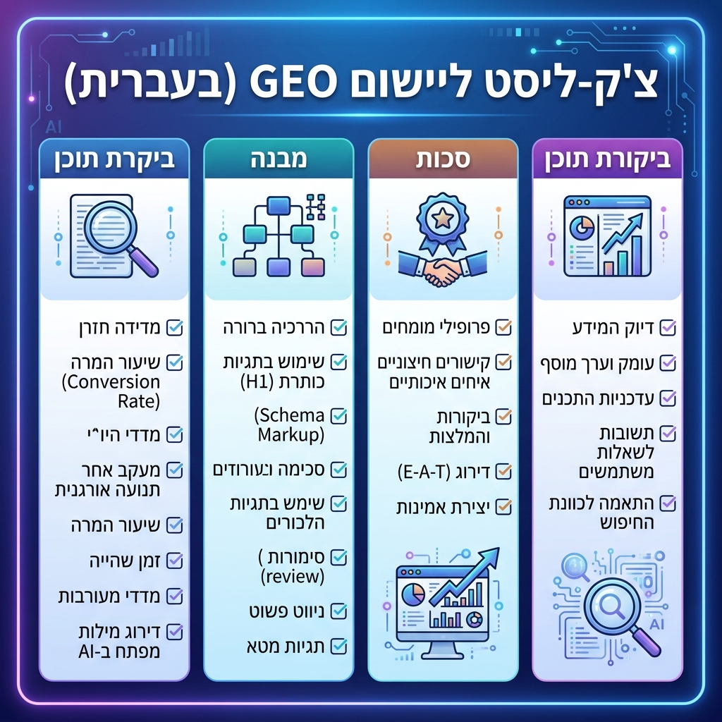 לוח פעולות GEO עם בדיקות שאלות, מקורות ציטוט, אזכורי מתחרים ויומן פעולה חודשי