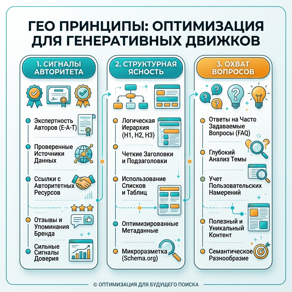 Четырехэтапный рабочий процесс GEO от нуля к первому результату: сканируемая основа, контент для ответов, внешнее подтверждение и ежемесячный цикл видимости в ИИ