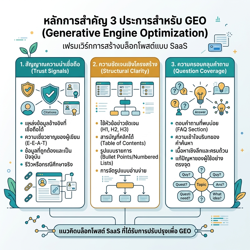 เวิร์กโฟลว์ GEO สี่ขั้นจากศูนย์สู่หนึ่ง แสดงฐานที่บอตเข้าถึงได้ คอนเทนต์พร้อมตอบ หลักฐานภายนอก และวงจรตรวจวัดการมองเห็น AI รายเดือน