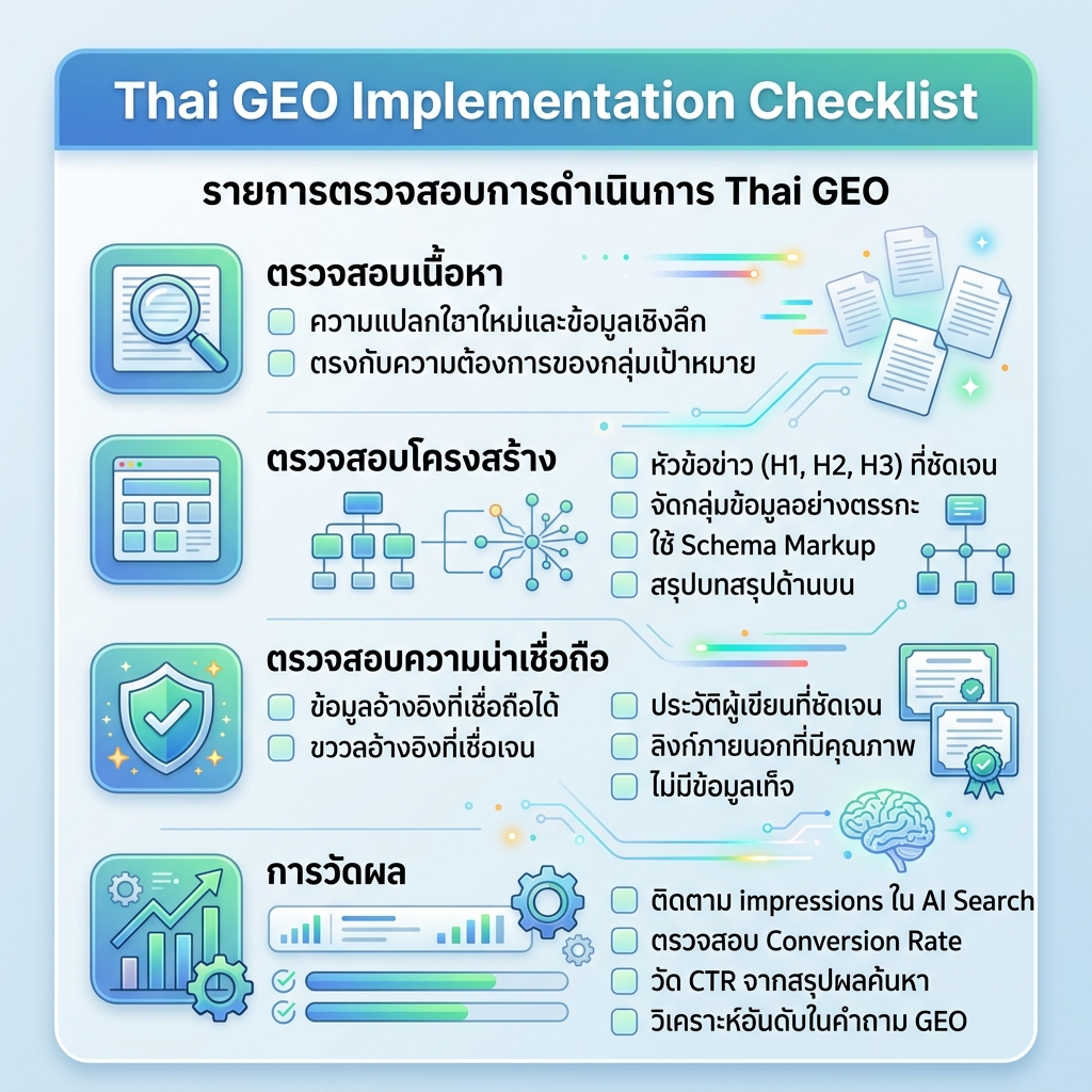 แดชบอร์ด GEO แสดงการทดสอบ prompt แหล่งอ้างอิง การกล่าวถึงคู่แข่ง และบันทึก action รายเดือน