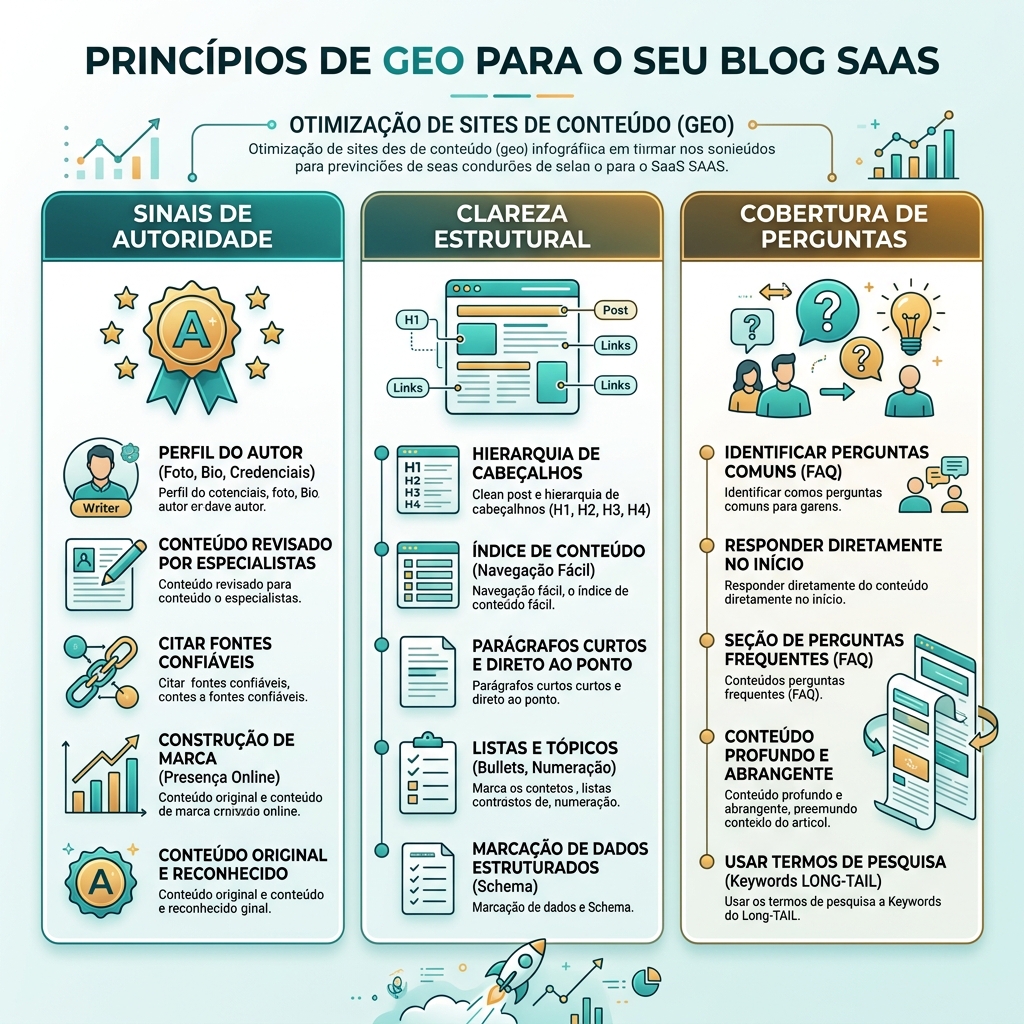 Fluxo de GEO em quatro fases, do zero ao um, mostrando base rastreável, conteúdo pronto para respostas, prova externa e ciclo mensal de visibilidade em IA
