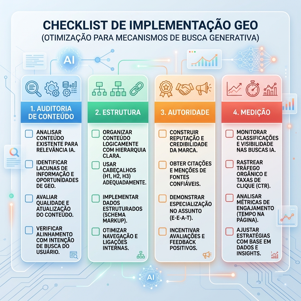 Painel de ações de GEO com testes de prompts, citações de fontes, menções a concorrentes e log mensal de ações