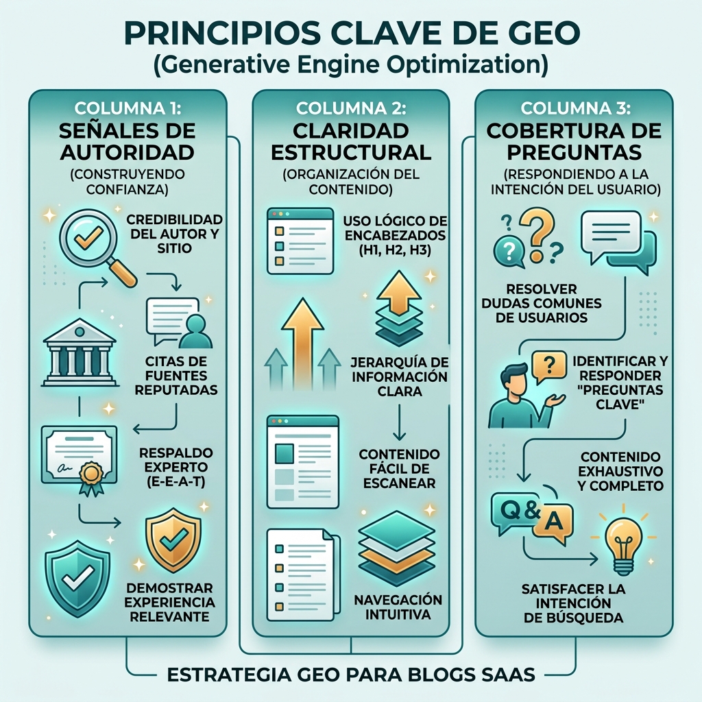 Flujo de trabajo GEO de cuatro fases desde cero hasta uno que muestra una base rastreable, contenido listo para respuestas, prueba externa y un ciclo mensual de visibilidad en IA