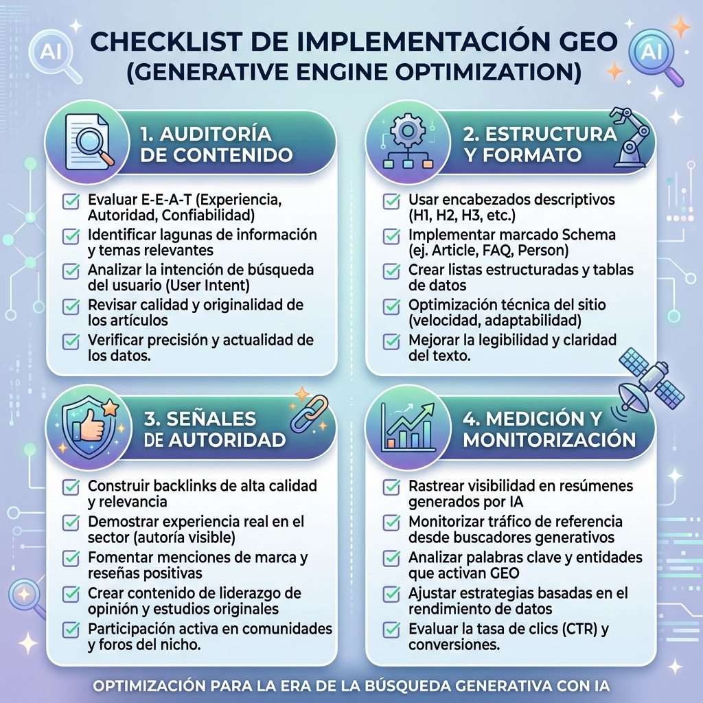 Panel de acciones GEO con pruebas de prompts, citas de fuentes, menciones de competidores y registro mensual de acciones