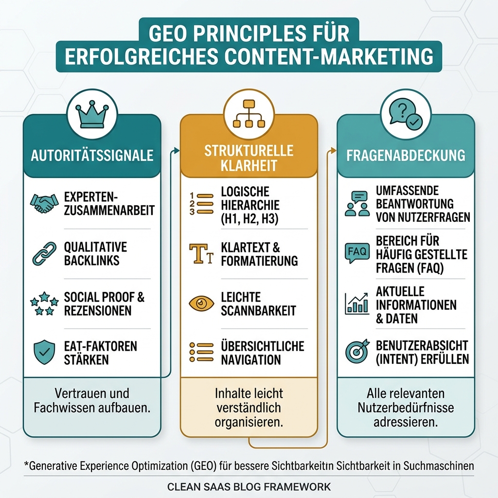 Vierphasiger GEO-Workflow von null auf eins mit crawlbarer Grundlage, antwortbereiten Inhalten, externem Nachweis und monatlicher KI-Sichtbarkeitsschleife