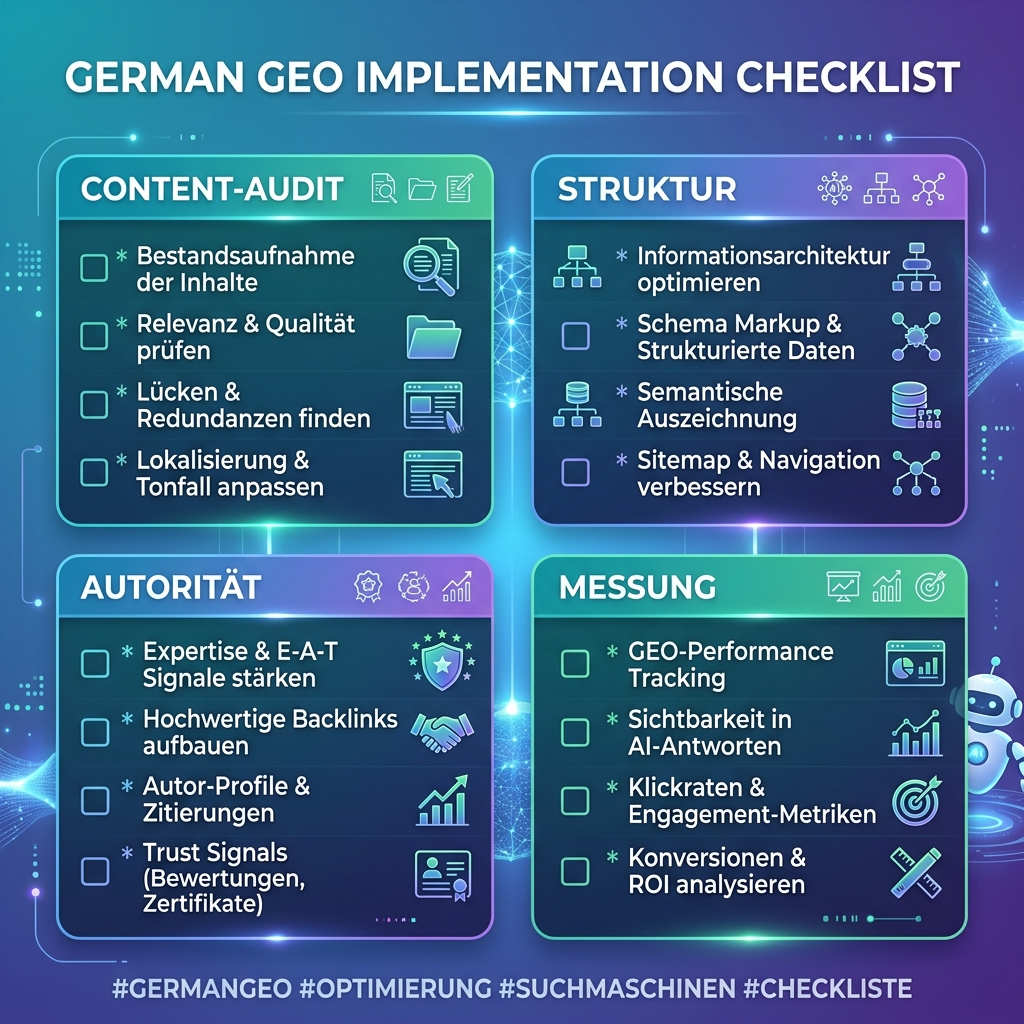 GEO-Aktionsdashboard mit Prompt-Tests, Quellenzitaten, Wettbewerbererwähnungen und monatlichem Aktionsprotokoll
