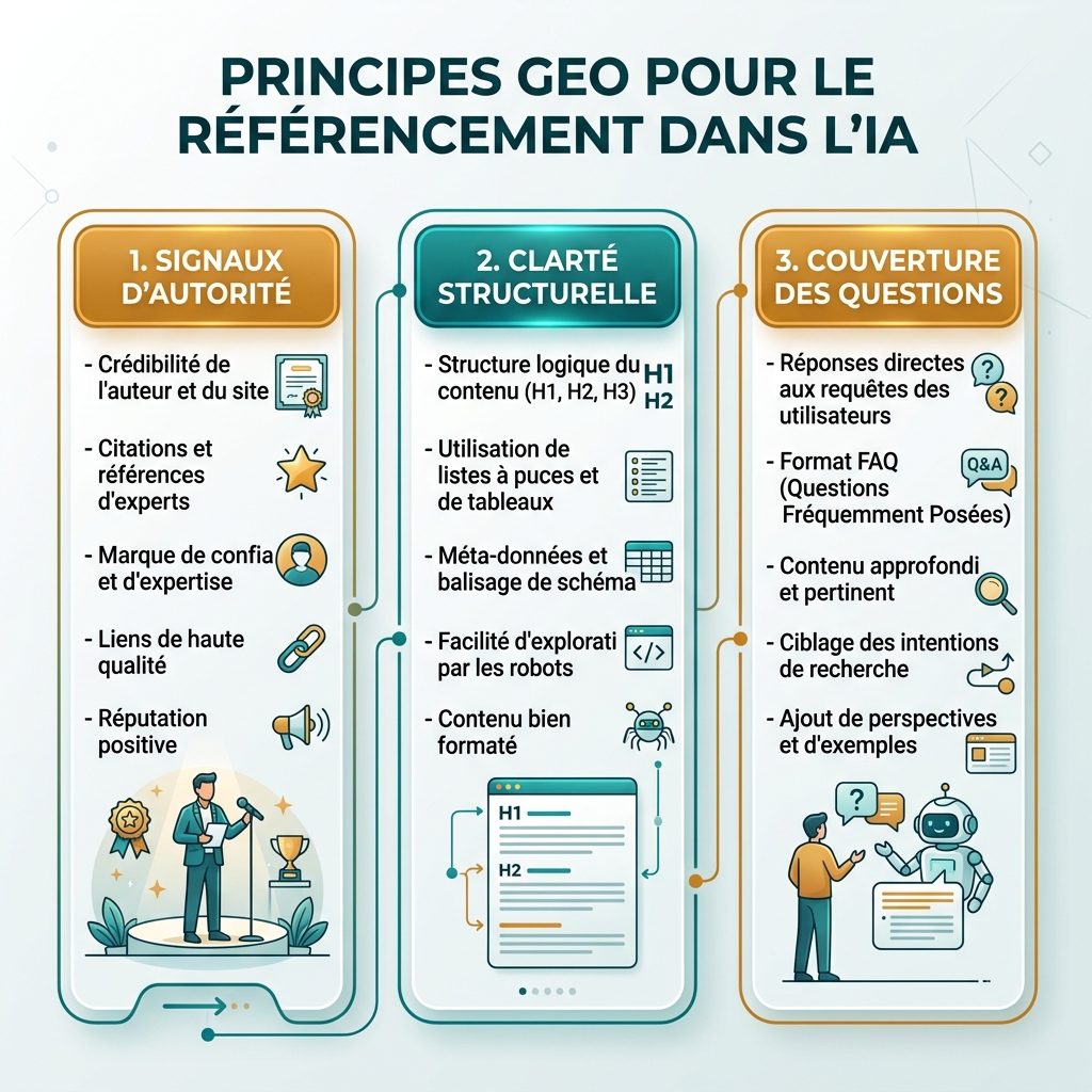 Workflow GEO en quatre phases, de zéro à un, montrant une base explorable, des contenus prêts à répondre, des preuves externes et une boucle mensuelle de visibilité IA