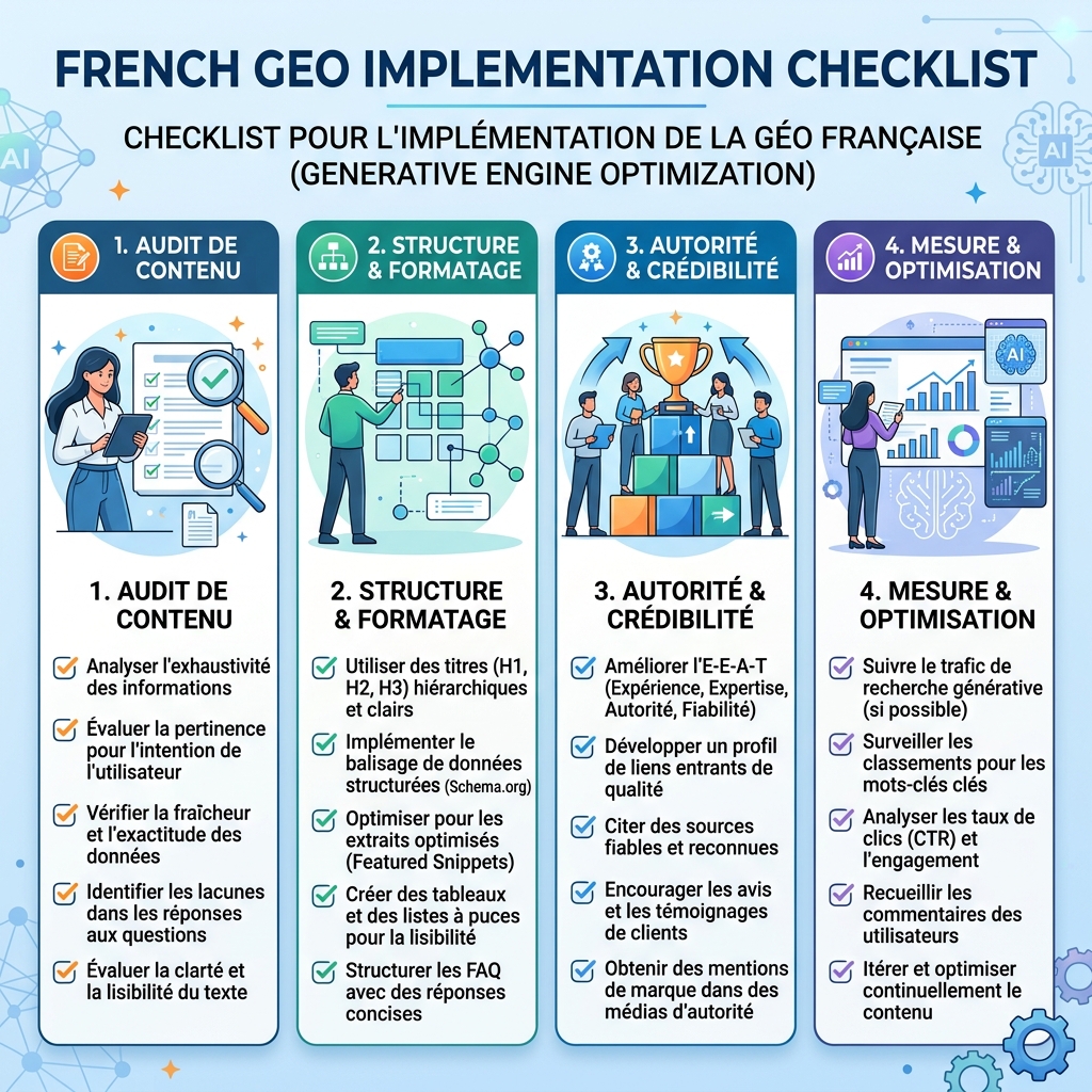 Tableau de bord d’actions GEO avec tests de prompts, sources citées, mentions de concurrents et journal d’actions mensuel