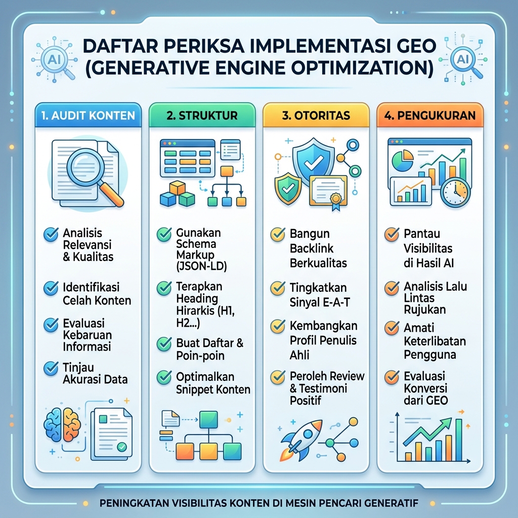 Dashboard tindakan GEO dengan uji prompt, kutipan sumber, mention kompetitor, dan log tindakan bulanan