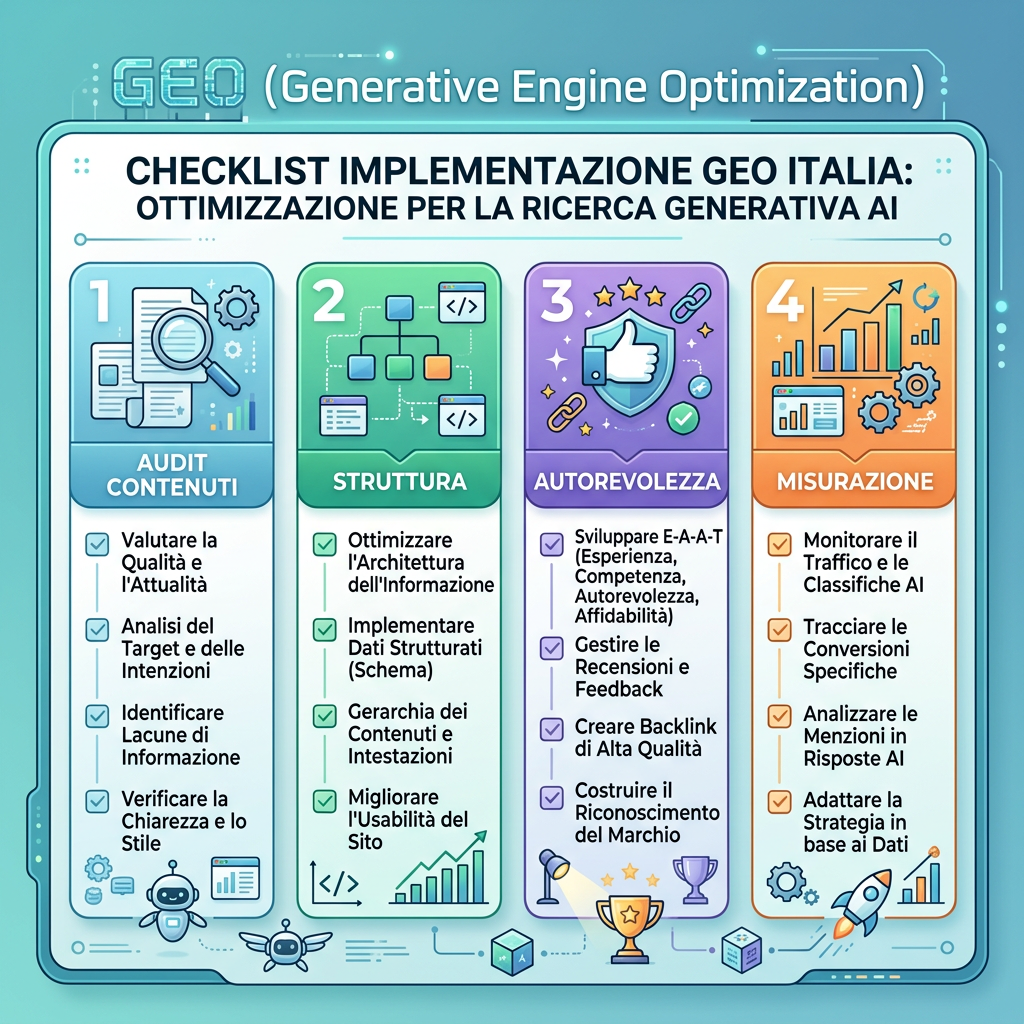 Dashboard di azione GEO con test dei prompt, citazioni delle fonti, menzioni dei competitor e registro mensile delle azioni