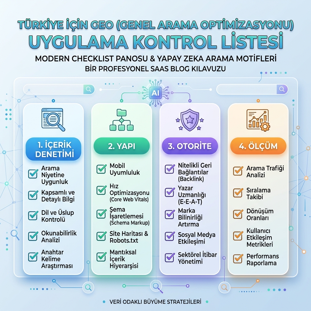 İstem testleri, kaynak atıfları, rakip bahsedilmeleri ve aylık aksiyon günlüğü içeren GEO aksiyon panosu