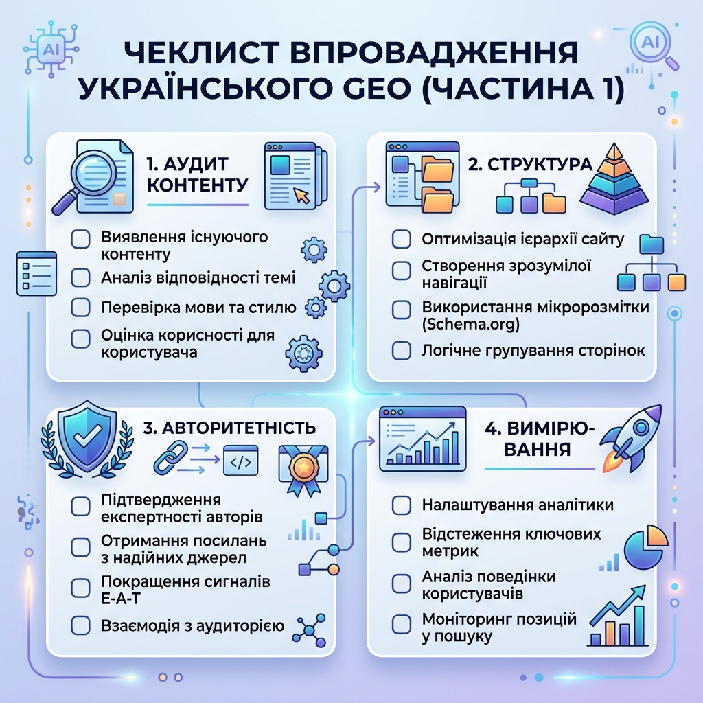 GEO-панель дій із тестами підказок, цитованими джерелами, згадками конкурентів і щомісячним журналом дій