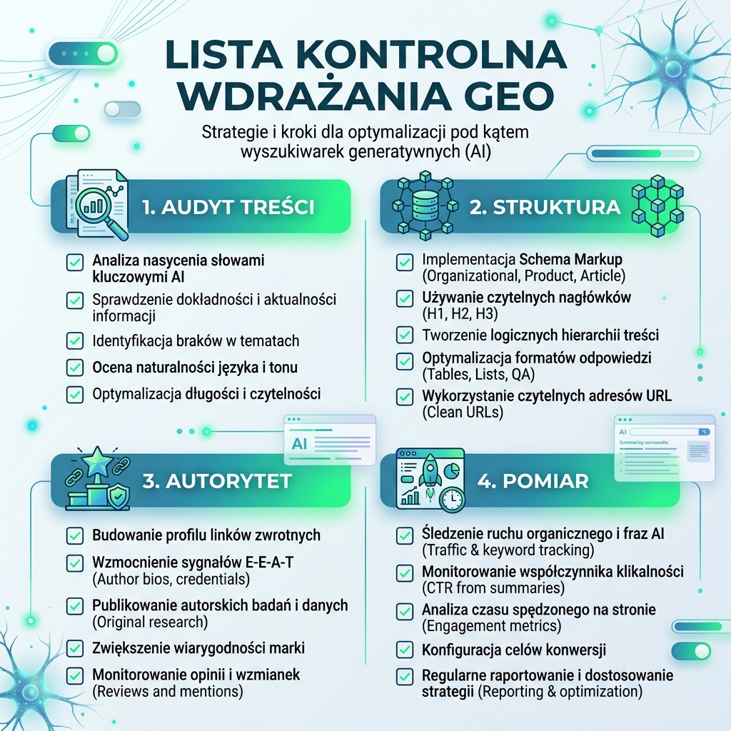 Panel działań GEO z testami promptów, cytowanymi źródłami, wzmiankami o konkurentach i miesięcznym dziennikiem działań