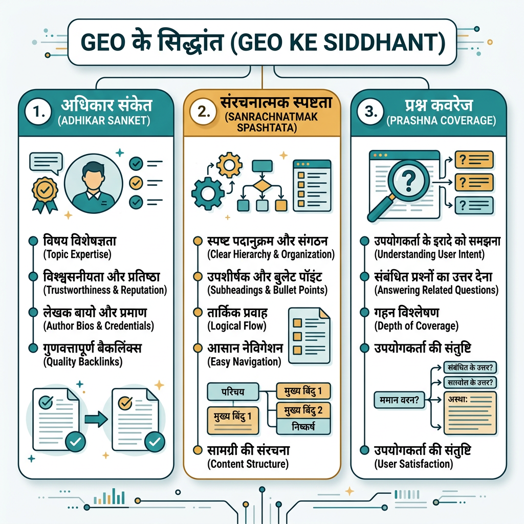 शून्य से एक तक चार-चरण वाला GEO वर्कफ़्लो: क्रॉल योग्य आधार, उत्तर-तैयार सामग्री, बाहरी प्रमाण और मासिक AI दृश्यता लूप