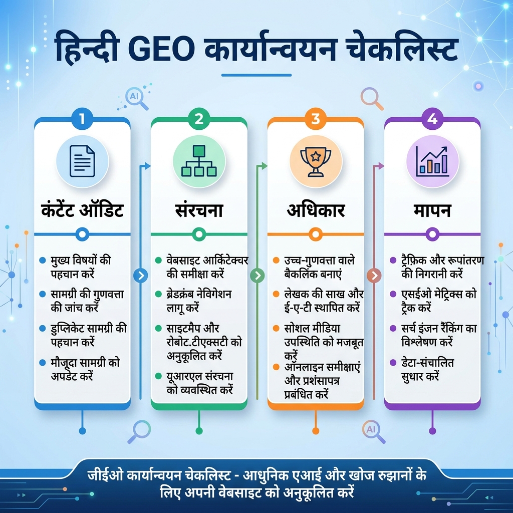 GEO कार्रवाई dashboard जिसमें prompt tests, source citations, competitor mentions और monthly action log दिखाए गए हैं