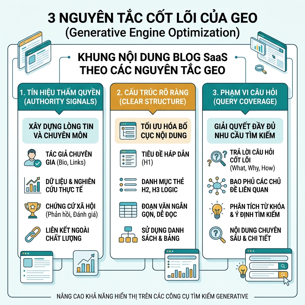 Quy trình GEO bốn giai đoạn từ con số không đến bước đầu: nền tảng có thể được thu thập dữ liệu, nội dung sẵn sàng trả lời, bằng chứng bên ngoài và vòng lặp kiểm tra mức độ hiện diện AI hằng tháng