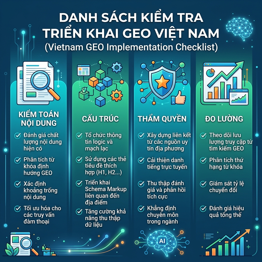 Bảng điều khiển hành động GEO với các bài kiểm tra lời nhắc, nguồn trích dẫn, lượt nhắc đến đối thủ và nhật ký hành động hằng tháng