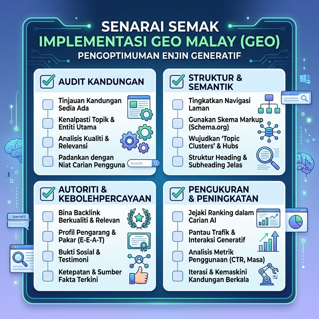 Papan pemuka tindakan GEO dengan ujian gesaan, petikan sumber, sebutan pesaing dan log tindakan bulanan