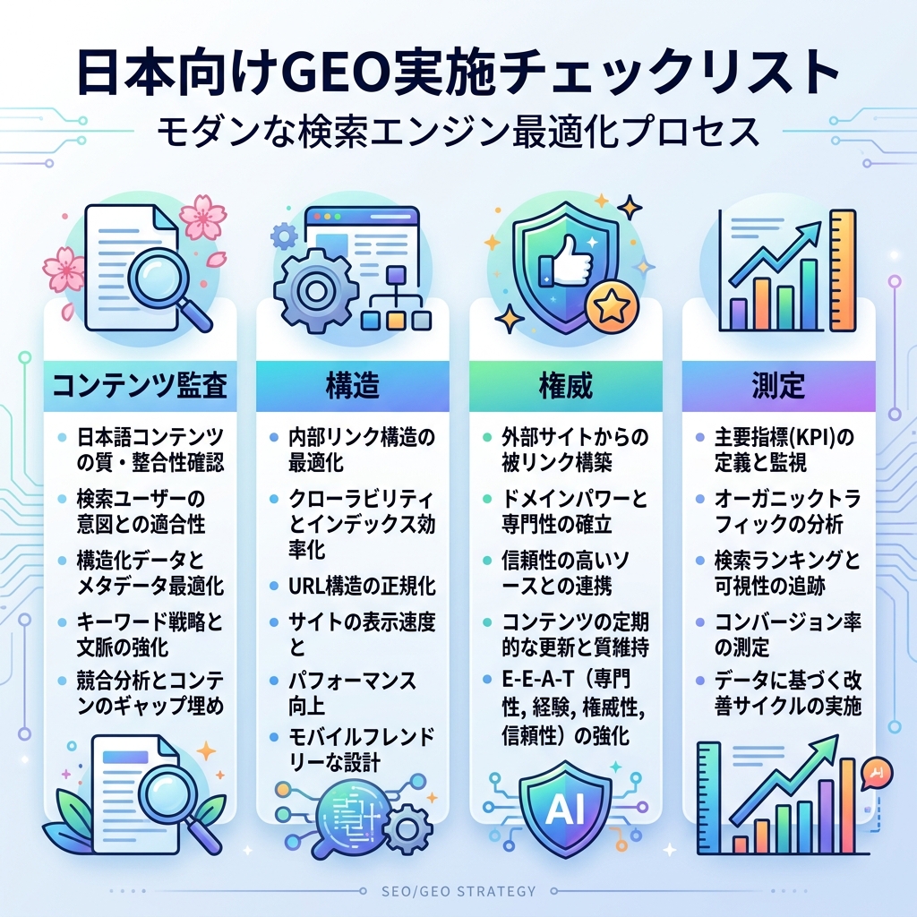 站外 GEO 工作流，展示审计、场所选择、外部证明创建、一致性清理、自有页面连接和月度衡量。
