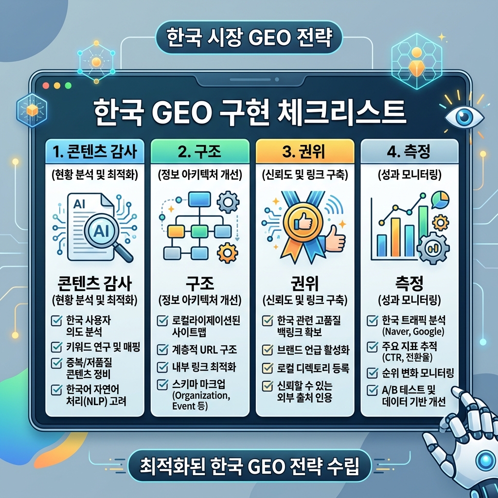 站外 GEO 工作流，展示审计、场所选择、外部证明创建、一致性清理、自有页面连接和月度衡量。