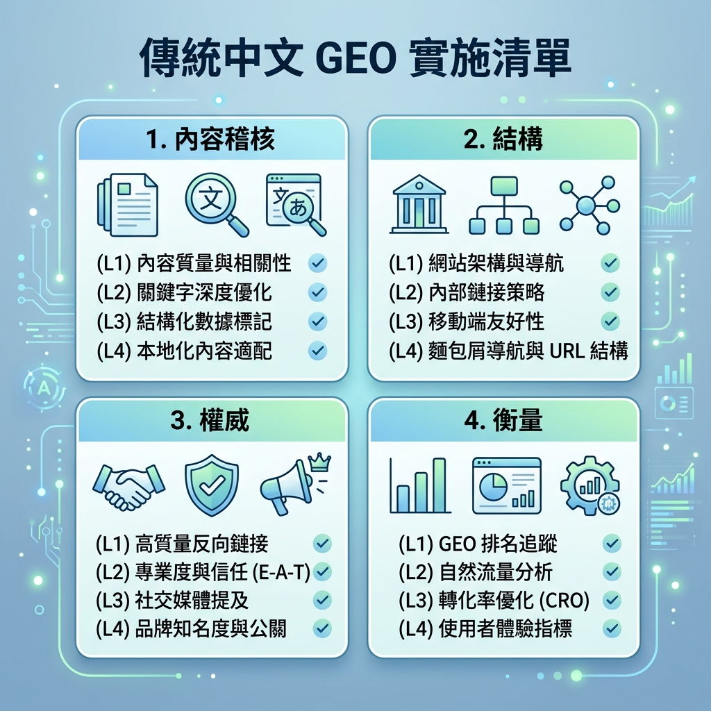 站外 GEO 工作流，展示审计、场所选择、外部证明创建、一致性清理、自有页面连接和月度衡量。