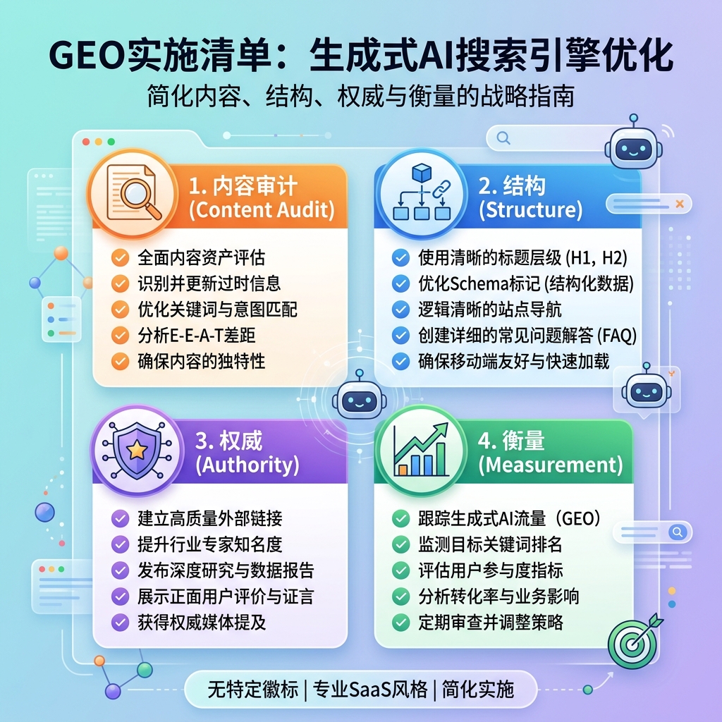 站外 GEO 工作流，展示审计、场所选择、外部证明创建、一致性清理、自有页面连接和月度衡量。