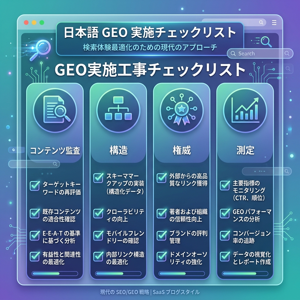 GEO 内容检查矩阵，展示常见错误、实用修复和每个修复改善的 AI 引用信号。