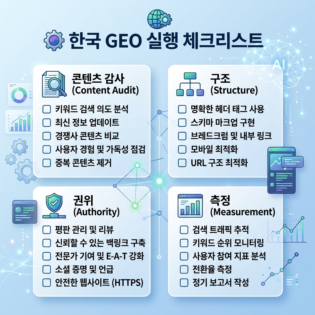 GEO 内容检查矩阵，展示常见错误、实用修复和每个修复改善的 AI 引用信号。