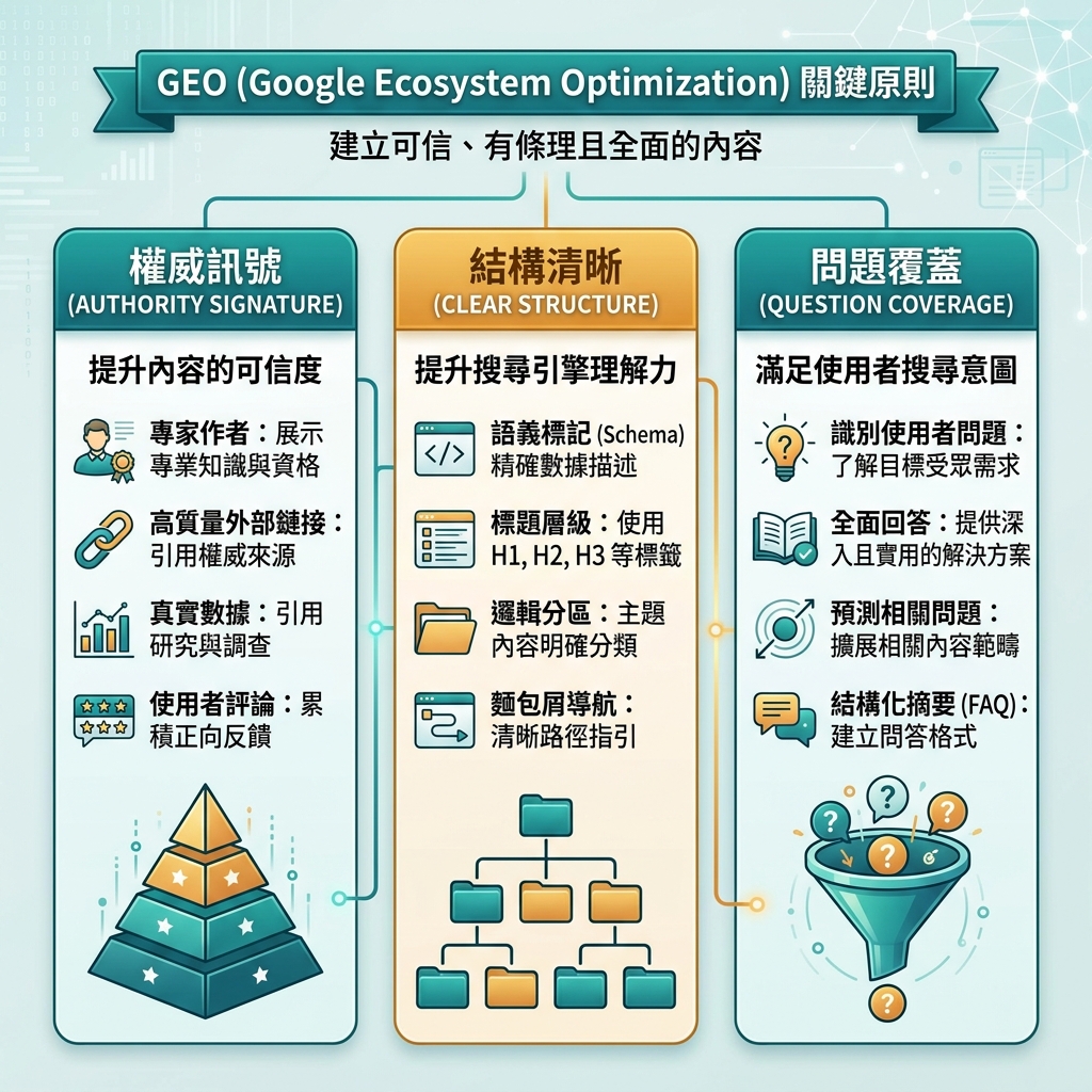 六步 GEO 内容工作流：问题、直接答案、证据、实体、FAQ 和衡量。